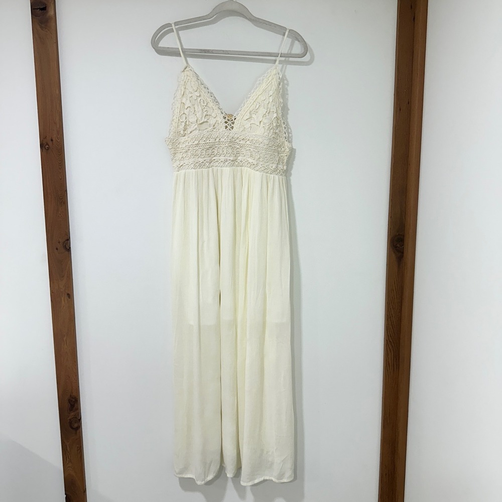 Rebellion Again Maxi Dress XL Ivory Crochet Lace Boho Rayon Smocked Back Cream